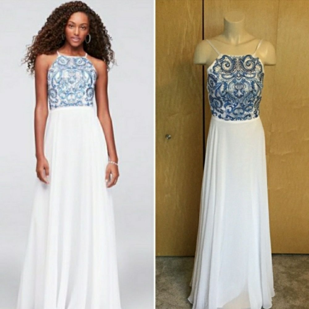 Embroidered Hugh Neck Chiffon Gown Xscape - Picture 1 of 8